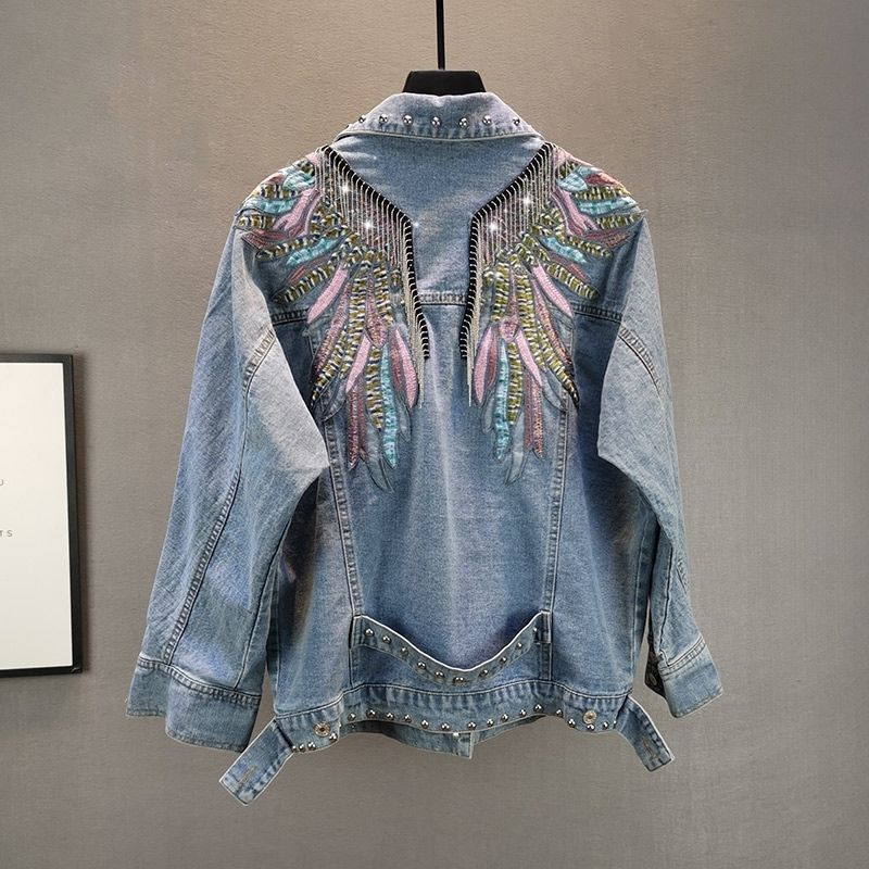 Embroidery Jeans - แจ็กเก็ตยีนส์แขนยาวสำหรับผู้หญิงแจ็กเก็ตเสื้อโค้ทผ้าเดนิมพู่ประดับลูกปัด Mantel Jin ใหม่ฤดูใบไม้ร่วง2024