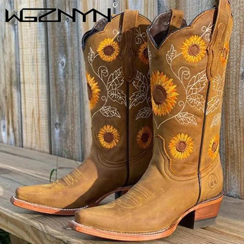 Embroidery On Leather - Designer ผู้หญิงกาแฟสีน้ําตาลเย็บปักถักร้อยรองเท้า PU หนังพิมพ์ Western คาวบอยลึก