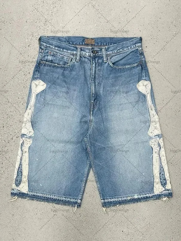 Embroidery Jeans - กางเกงยีนส์ขาสั้นสไตล์วินเทจ Deeptown Y2k ฮาราจูกุ สำหรับผู้หญิง ลวดลายปักตัวอักษร
