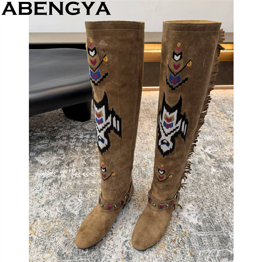 Embroidery On Leather - ABENGYA 2026ฤดูหนาวใหม่เข่ารองเท้าบูทสูงผู้หญิงหนังนิ่มหนังเย็บปักถักร้อยแบนยาวรองเท้าคลาสสิกแฟชั่นสัปดาห์รองเท้าMujer