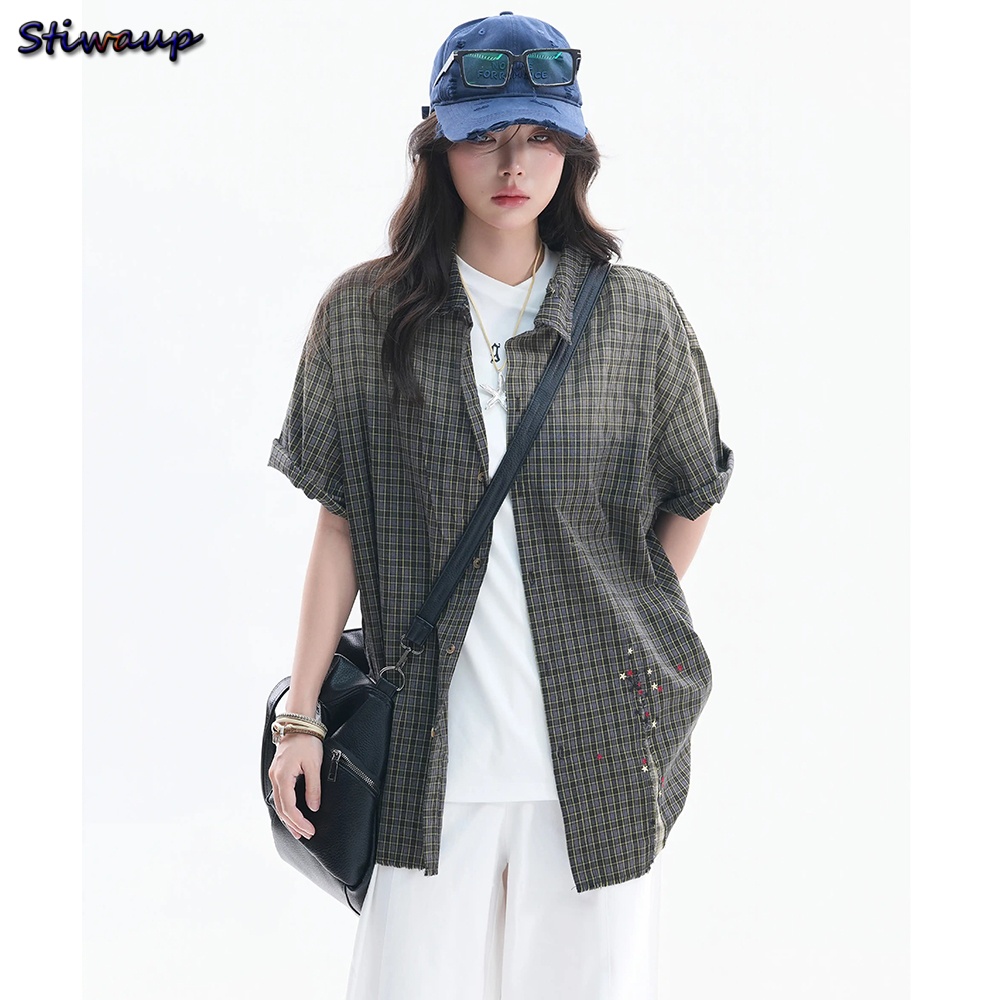 Embroidery Gradient - เสื้อเชิ้ตผู้หญิงลายตารางวินเทจไล่เฉดสี แขนสั้น เสื้อเชิ้ตลายสก๊อตปักดาว ทรงหลวม ใส่ได้ทั้งผู้หญิงและผู้ชาย