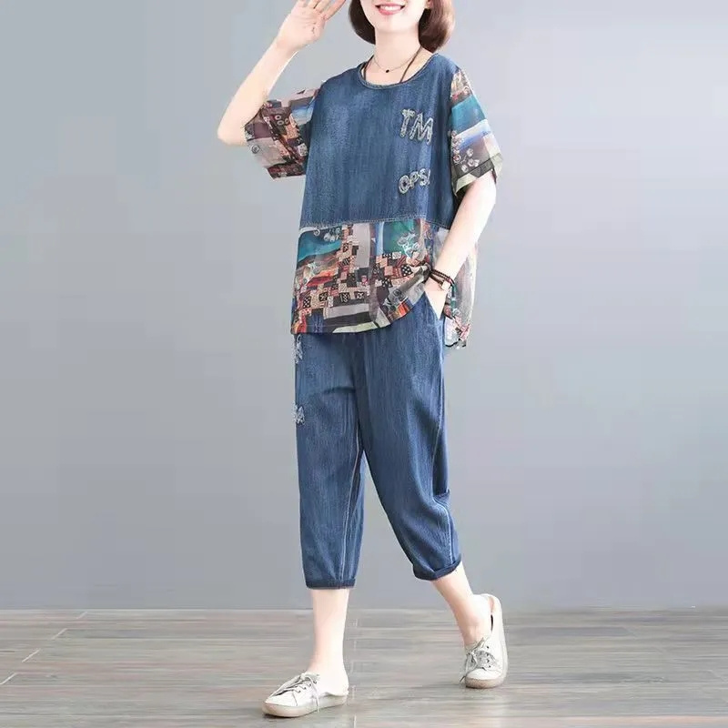Embroidery Jeans - 5XL ฤดูร้อนผู้หญิงกางเกงยีนส์ชุดฤดูใบไม้ผลิฤดูร้อนใหม่พิมพ์เย็บแฟชั่นหญิงชุดบาง DENIM Cropped กางเกงแม่ 2