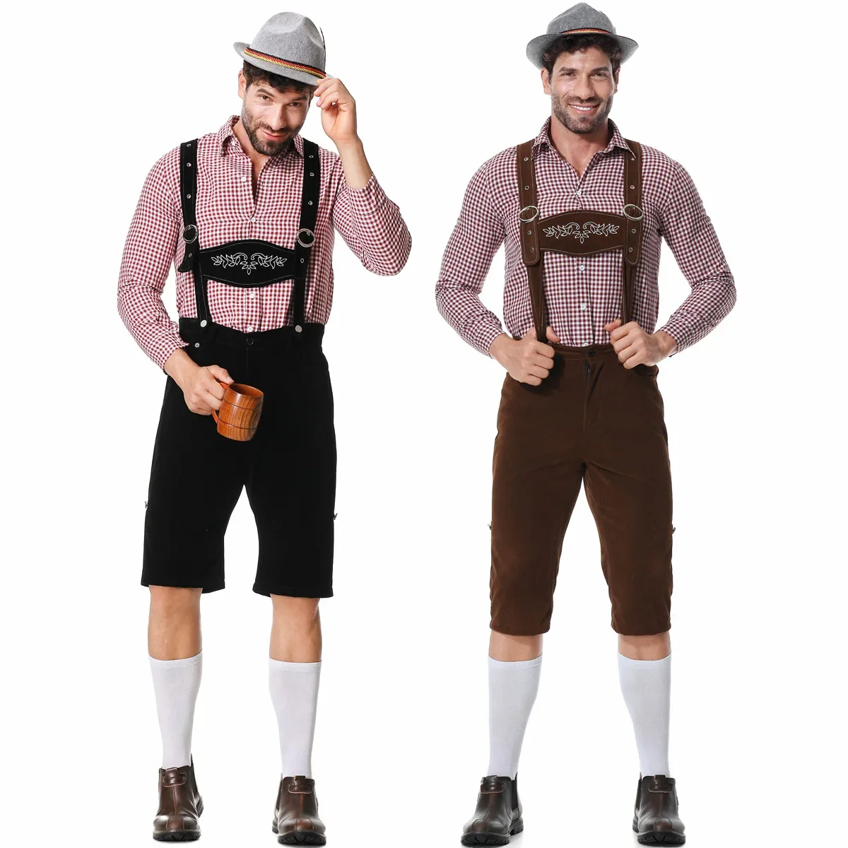 Embroidery Men Shirt - เยอรมนีมิวนิคแบบดั้งเดิม Oktoberfest Carnival เสื้อผ้าเสื้อลายสก๊อตเย็บปักถักร้อย Suspenders และหมวกชุด