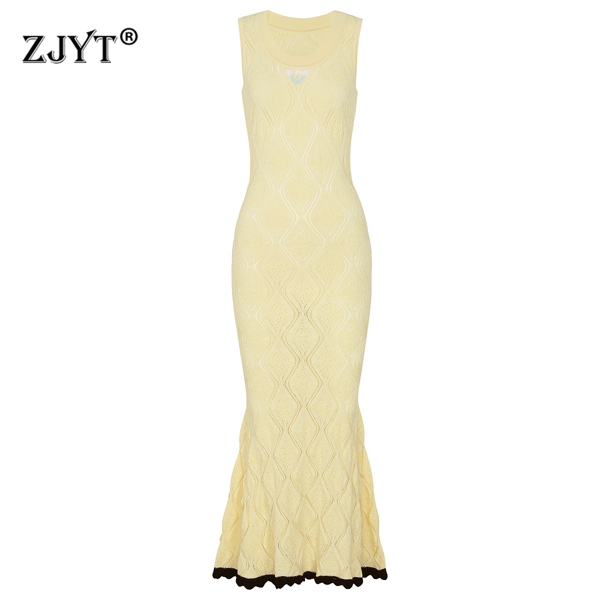 Embroidery Yellow Dress - เดรสยาวถักนิตติ้งสำหรับผู้หญิง ZJYT รุ่นใหม่ปี 2026 ดีไซน์หรูหรา แขนกุด
