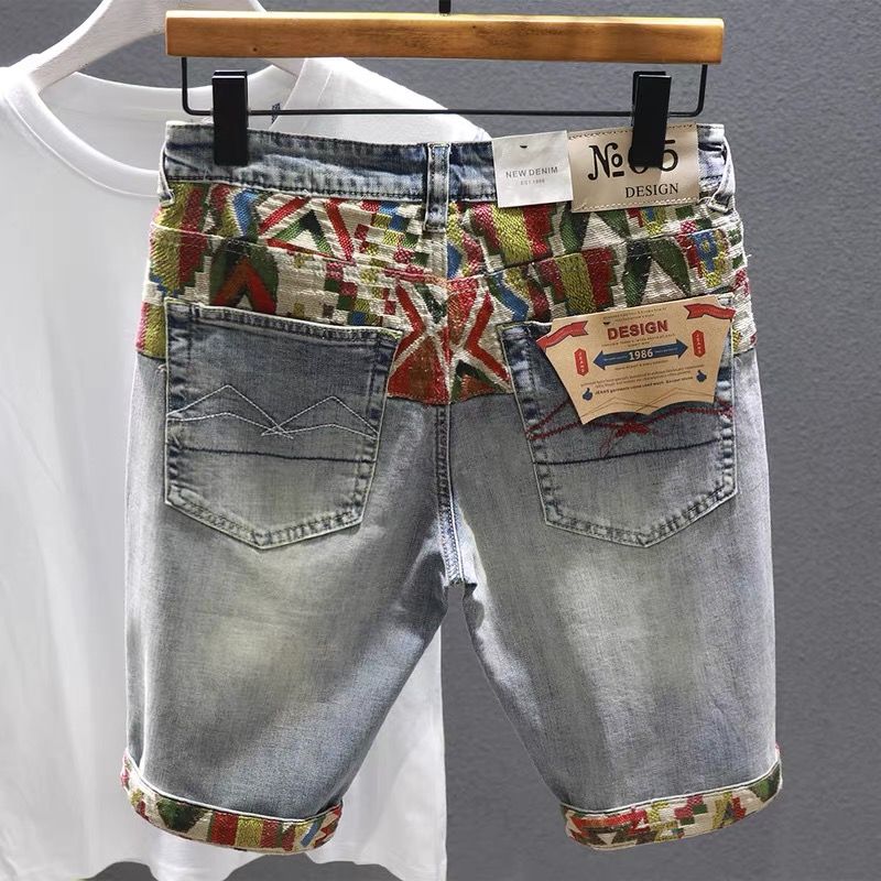Embroidery Jeans - กางเกงยีนส์ขาสั้นสำหรับผู้ชายมีหลายสีลายกราฟฟิคผ้าหรูหรามีกระดุม3ชิ้นแบบ celana pendek DENIM