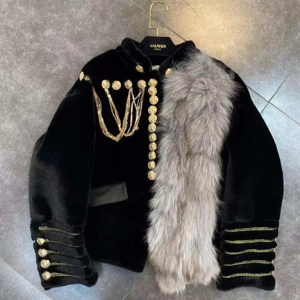 Embroidery Chain Stitch - ผู้หญิงคอตั้งดอกไม้ปักแจ็คเก็ตหัวเข็มขัดทอง Chain Tassels Faux Fox ขนสัตว์