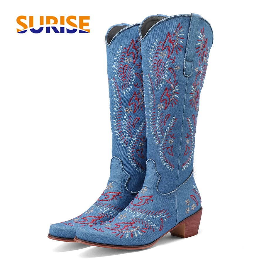 Embroidery Jeans - Blue Denim Western Cowgirl เข่ารองเท้าบูทสูงผู้หญิงเย็บปักถักร้อยดอกไม้คาวบอยรองเท้าส้นสูงรอบ Toe