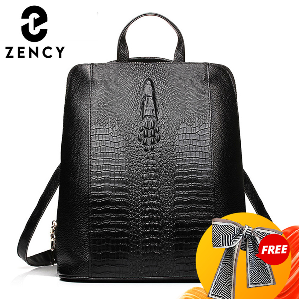 Embroidery On Leather - กระเป๋าเป้สะพายหลังหนังจระเข้สำหรับผู้หญิง Zency ของแท้ 100% กระเป๋าเดินทาง ทำงาน