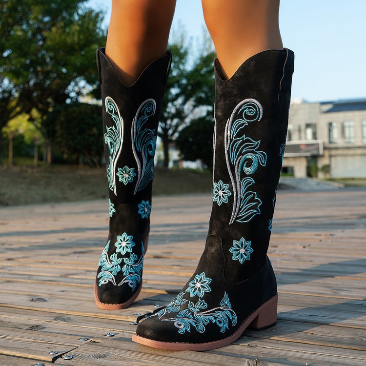 รองเท้าบูทผู้หญิงสไตล์เรโทร รอ - Embroidery On Leather บทวิจารณ์และราคา