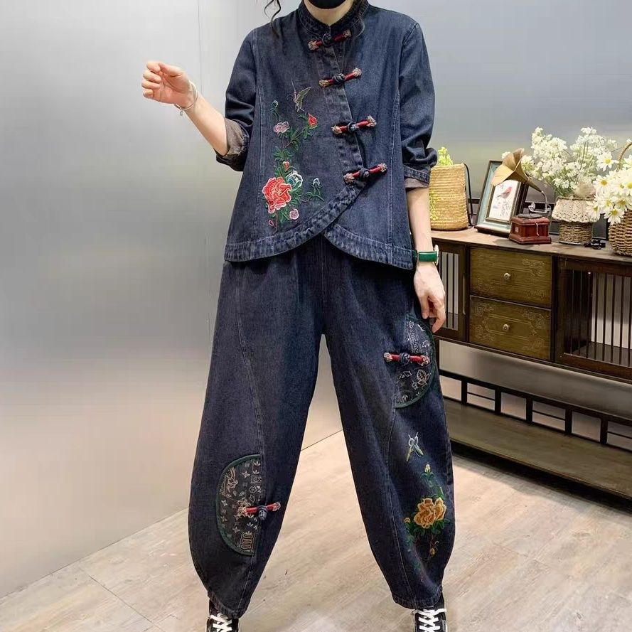 Vintage ปุ่มหลวมปักดอกไม้ Deni - Embroidery Jeans บทวิจารณ์และราคา