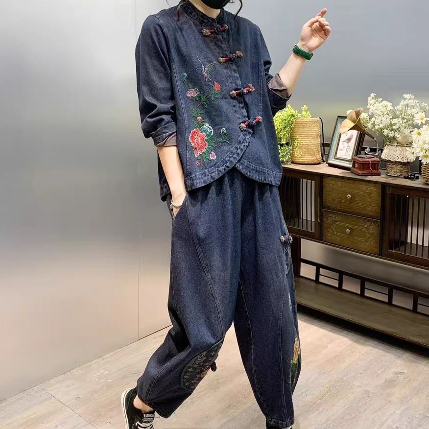 Vintage ปุ่มหลวมปักดอกไม้ Deni - Embroidery Jeans บทวิจารณ์และราคา