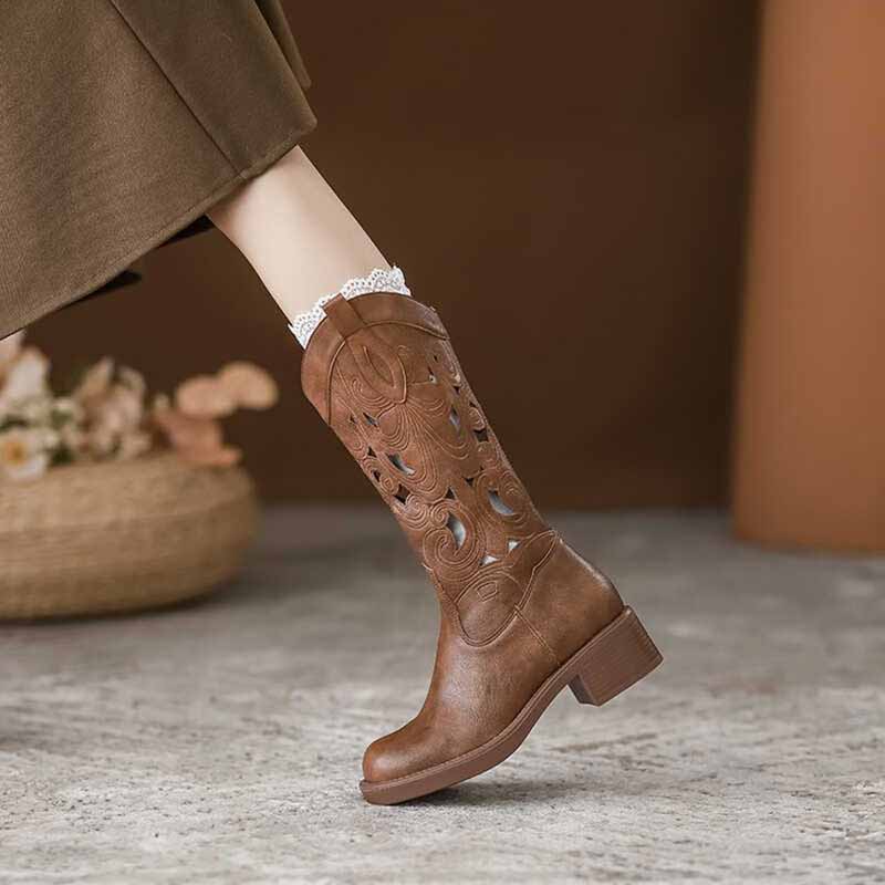 รองเท้าบูทคาวบอยสีน้ำตาลสไตล์เ - Embroidery On Leather บทวิจารณ์และราคา