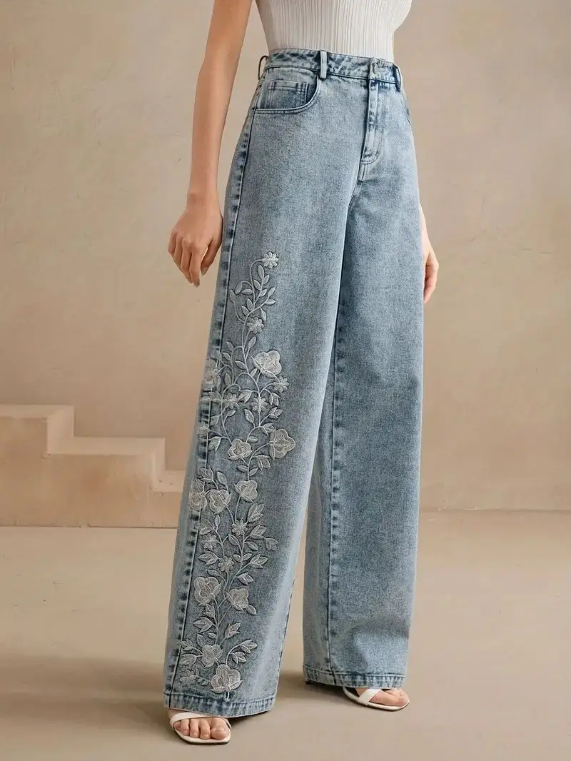 กางเกงยีนส์ทรงตรงสไตล์ Y2K สำห - Embroidery Jeans บทวิจารณ์และราคา