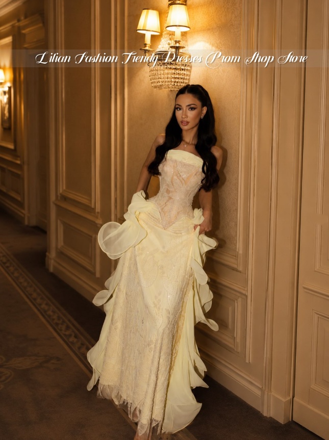 ชุดราตรีสีเหลืองอ่อนแบบไม่มีสา - Embroidery Yellow Dress บทวิจารณ์และราคา