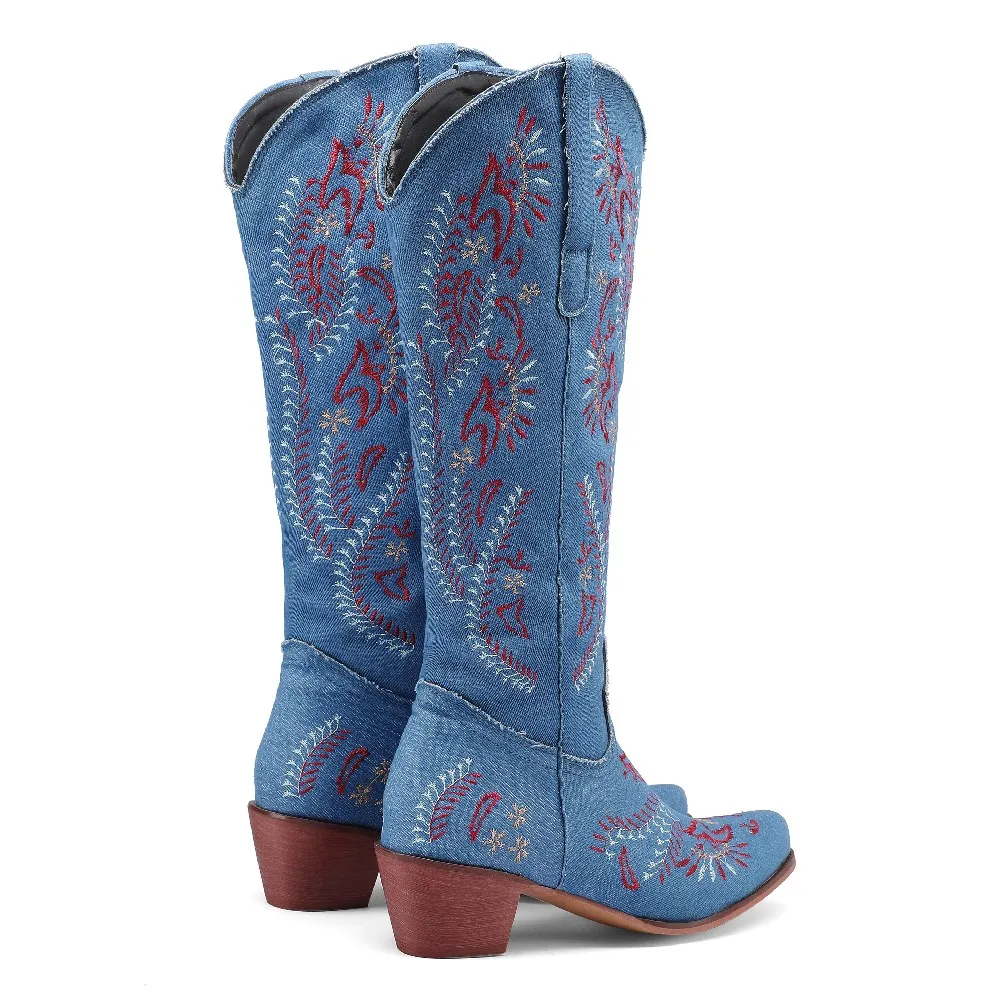 Blue Denim Western Cowgirl เข่ - Embroidery Jeans บทวิจารณ์และราคา