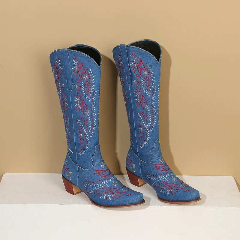 Blue Denim Western Cowgirl เข่ - Embroidery Jeans บทวิจารณ์และราคา