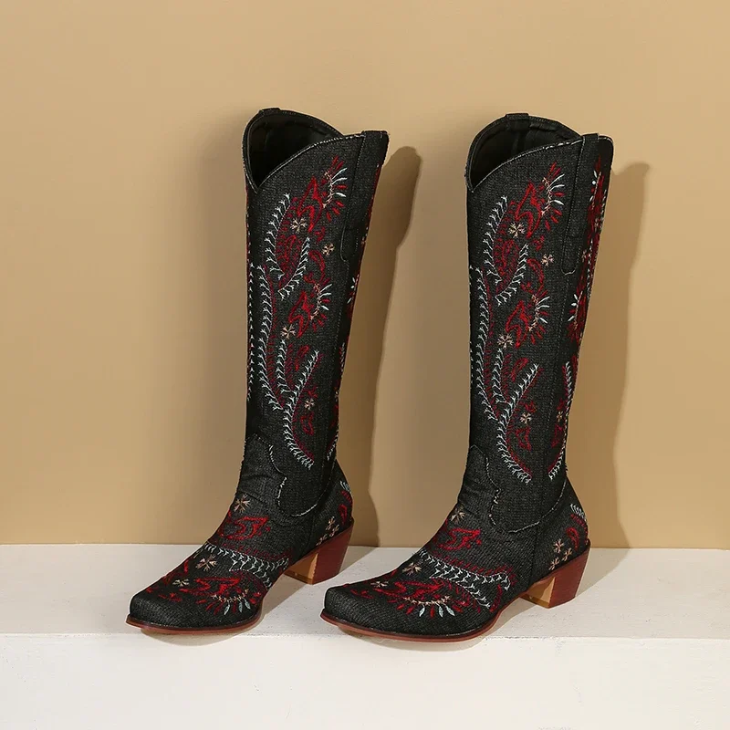 Blue Denim Western Cowgirl เข่ - Embroidery Jeans บทวิจารณ์และราคา